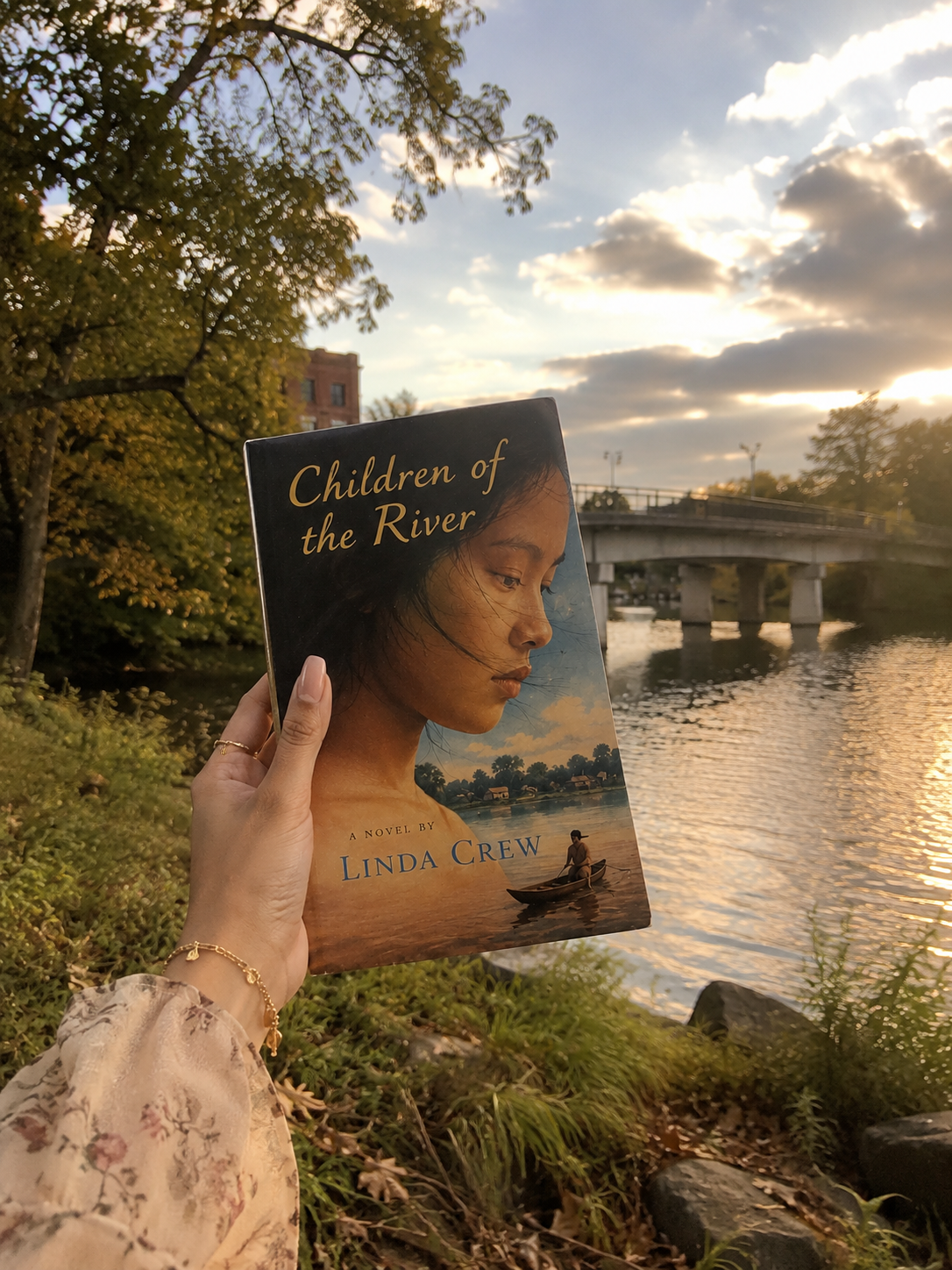 Hand holding a copy of Children of the River in front of a river 