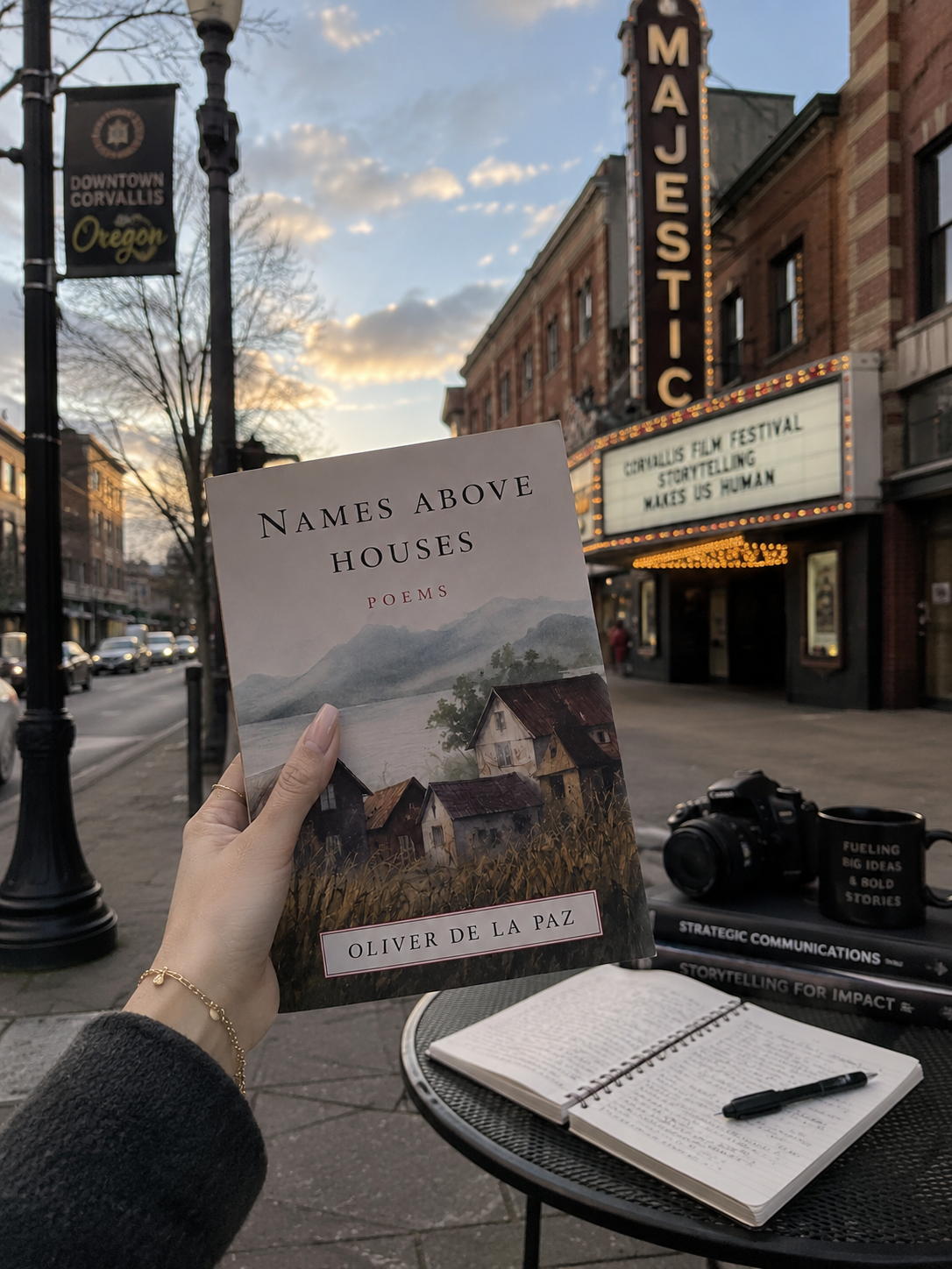 Hand holding a copy of Names Above Houses in downtown Corvallis 